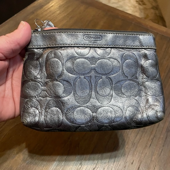 Coach Signature Print Silver Metallic Wristlet - Picture 1 of 4